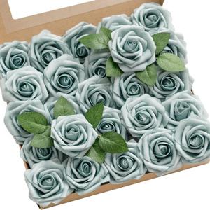 Ling's moment Artificial Flowers 25Pcs Dusty Blue Roses Decor w/Stems,3" DIY Foam Floral for Wedding Bouquet/Centerpieces, Outdoors Party Backdrop, Room/Table, and Garden/Pot Decorations
