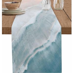 Coastal Seasides Table Runner Cotton Linen 90 Inch Holiday Dresser Scarves, Blue Grey Ombre Boho Ocean Sea Waves Tablerunner for Kitchen Coffee Dining Bedroom Living Room Dinner Scarf Dcor 13''x90''