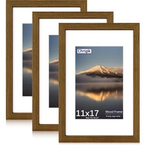11x17 Poster Frame, Display Pictures 8X12 with Mat or 11x17 Without, Wall Hanging Frames, Rustic Brown, 3 Pack