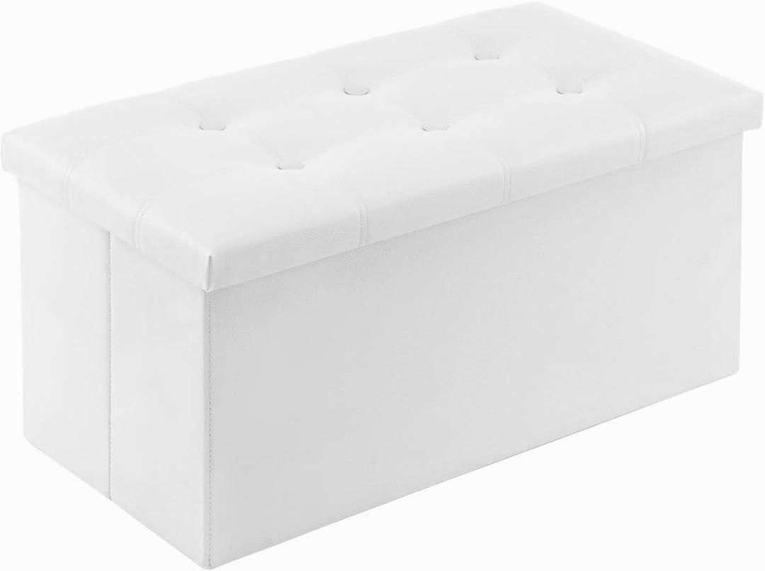 YOUDENOVA Folding Storage Ottoman, Faux Leather Ottoman Bench Footrest Ottoman, Storage Chest Padded Seat for Bedroom and Living Room, Beige,15" D x 30" W x 15" H