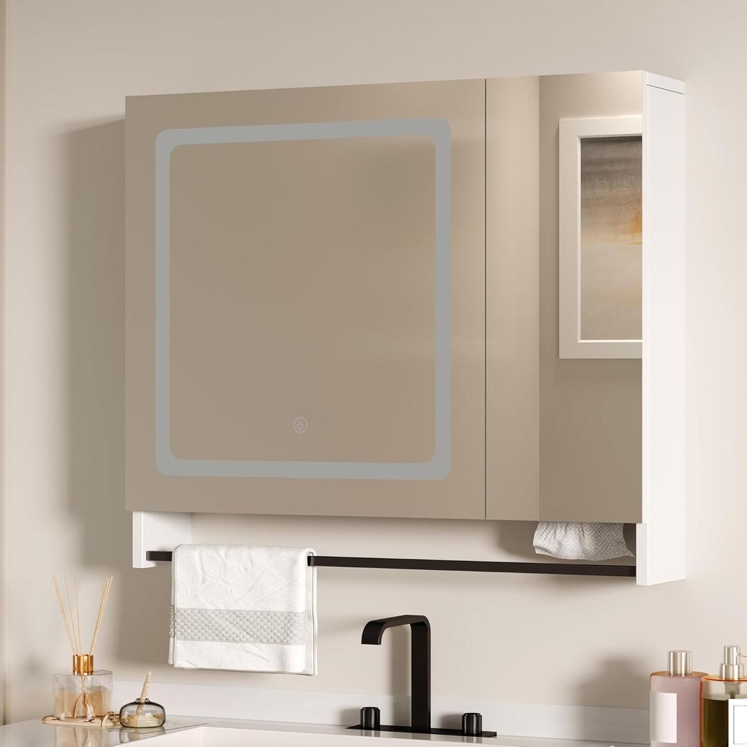 ChooChoo Lighted Bathroom Medicine Cabinet with Mirror, Wall-Mounted Bathroom Wall Cabinet with Mirror Doors, LED Lights, Adjustable Shelves, Towel Bar, Cloud White