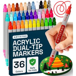 ARTISTRO 36 Acrylic Paint Markers for Rock, Fabric, Wood, Glass, Craft, Decoration - Dual-Tip Paint Pens - Stocking Stuffers, Christmas Gift Idea for Teens, Grandkids, Kids - Art Supplies