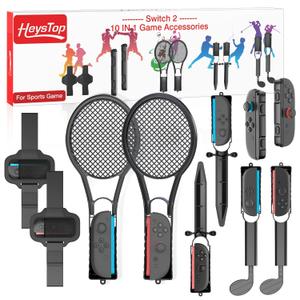 HEYSTOP Sports Accessories for Nintendo Switch 2 ,10 in 1 Family Sports Accessories Kit for Nintendo Switch 2 Games, with Leg Strap,Golf Clubs,Tennis Rackets,Sword Grips,Joy-con wrist straps