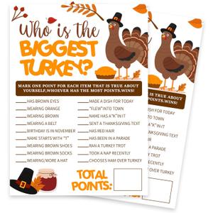 Thanksgiving Party Icebreaker Card - Who Is The Biggest Turkey -A Set of 20 Game Cards, Thanksgiving Dinner Game For Teens & Adults, Friendsgiving, Harvest, Holiday, Party Favor And Supplies - A03 (Three)