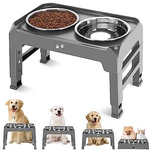 Elevated Bowls, 4 Height Adjustable Raised Stand With 2 Thick 50oz Stainless Steel Food Bowls, Non-Slip Feeder for Large Medium Dogs, Adjusts to 3.7", 9.2", 10.75", 12.36" Grey