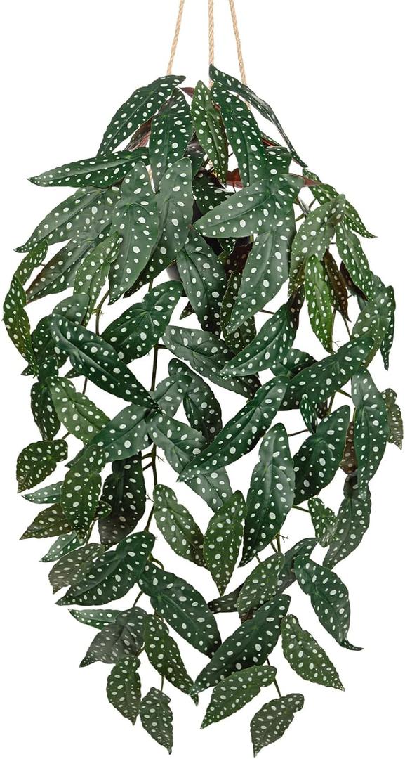 Large Fake Hanging Plants in Pot with Hook, 37" Artificial Hanging Begonia Vines Plants, Fake Potted Tropical Plants for Room Wall Living Room Bathroom Kitchen, Big Faux Ivy Houseplants for Shelf (# Green Anthurium Crystallinum)