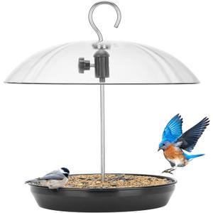 Kingsyard Adjustable Platform Bird Feeder for Outdoors, Hanging Metal Seed Tray with Clear Rain Proof Dome, Large Capacity for Wild Bluebird Cardinal Dove Mealworm, Black (Iron Grey)