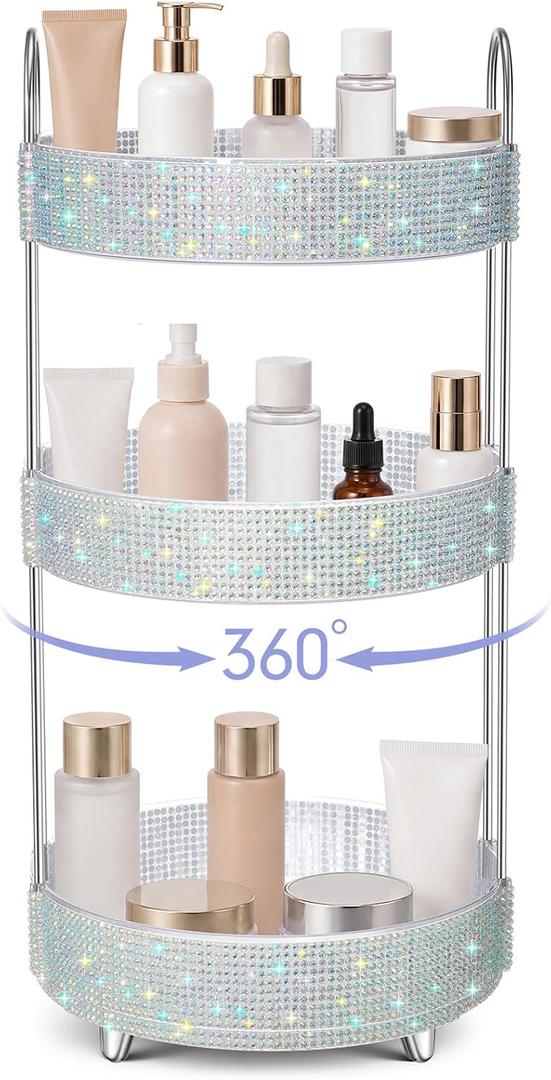 Honeydak 360 Rotating Perfume Organizer for Mother Day Nurse Day Rhinestone Bathroom Counter Organizer Makeup Holder Skincare and Perfume Storage for Cosmetic Countertop(3 Tiers,Resin Stone,Silver)