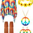 Unittype 5 Pcs Hippie Costume Accessories Set 60s 70s Outfits for Women Tie Dye Poncho Costume for Halloween Cosplay Party (Large)