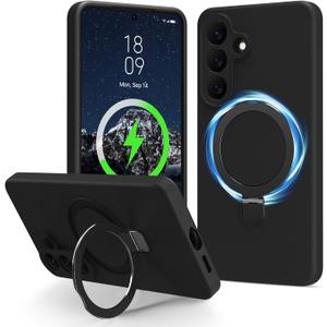for Galaxy S26 Case with Stand, Slim Liquid Silicone Phone Cases for Samsung Galaxy S26 Compatible with MagSafe, Full Camera Protection Magnetic Kickstand Cover Case for Samsung S26, Black