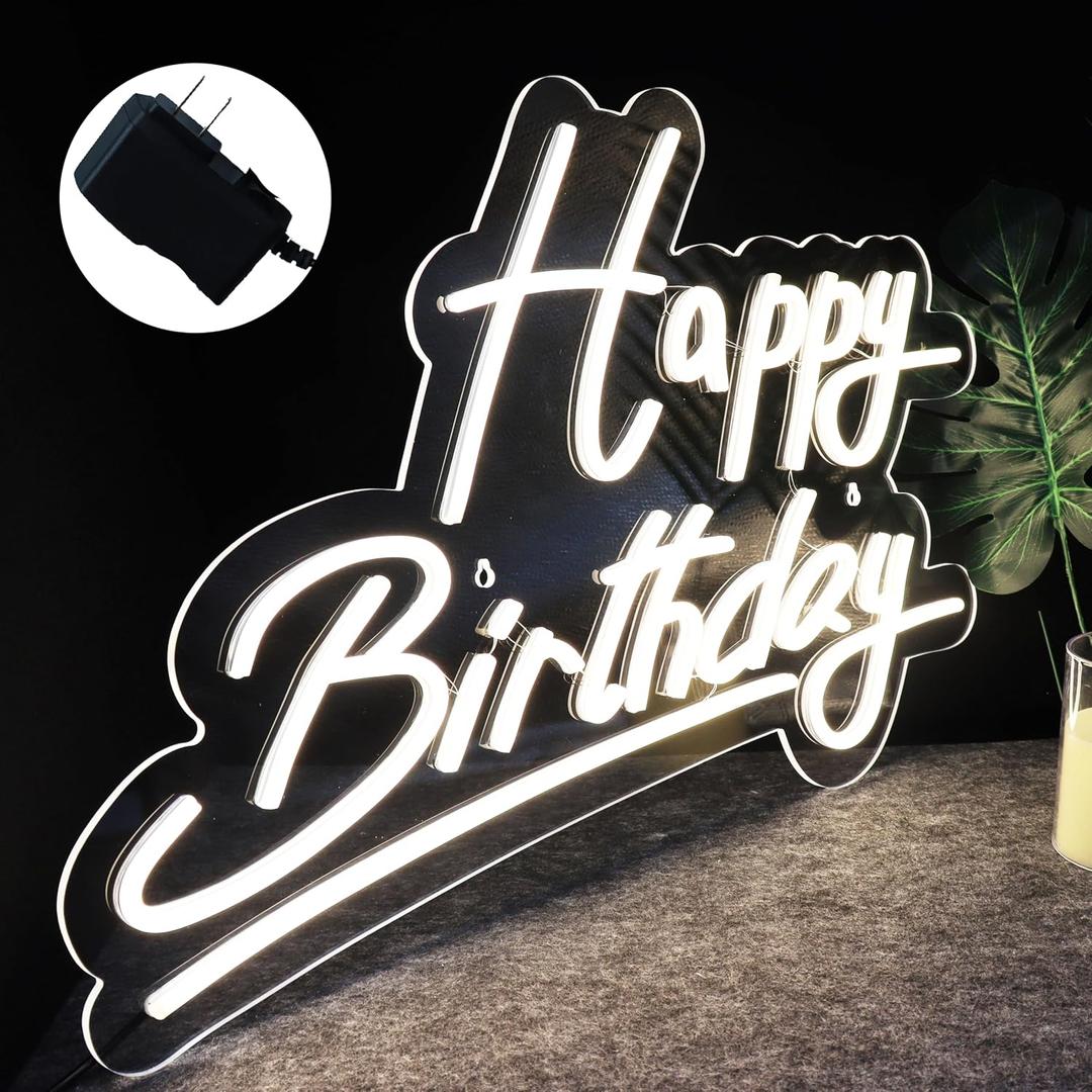Large White Happy Birthday Neon Sign, 12V Birthday Neon Signs for Wall Decor, Happy Birthday LED Sign for Birthday Party Decoration(22.4 x 14.3 inches), Large-Plug
