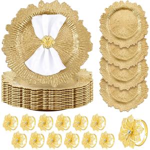 Dandat 100 Pcs Charger Plate Bulk 13'' Floral Reef Plates with Napkin Ring Plastic Dinner Charger Hollow Out Flower Napkin Holder Plastic Plate for Table Setting Wedding Party (Champagne Gold)