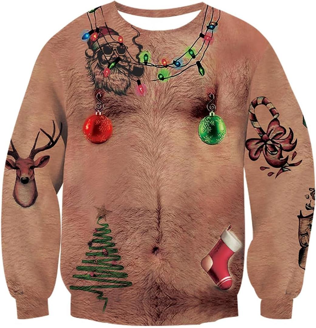 Idgreatim Unisex Ugly Christmas Crewneck Sweatshirt Novelty 3D Graphic Long Sleeve Sweater Shirt (Large, Chest Hair)