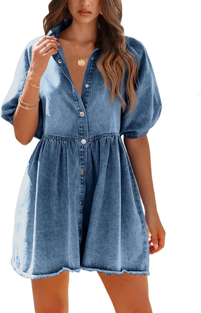 Pepochic Womens Summer Denim Dress Button Down Short Sleeve Babydoll Dress Puff Sleeve Flowy Jean Dress (Blue, M)