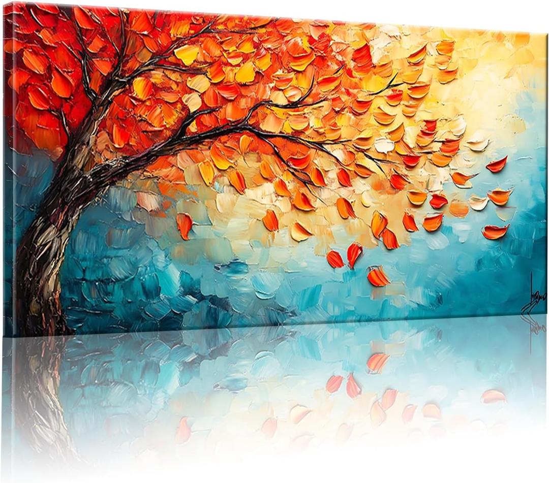 GYJAGHL Autumn Tree Canvas Wall Art, Orange Fall Leaves, Textured Oil Painting Style,Living Room, Bedroom, Home Office, Oil Painting Mural, Colorful Tree of Life in orange and green, Modern Home Decor 20" x 40"