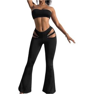 GORGLITTER Women's Rave Cut Out Pants High Waisted Flare Leg Y2K Going Out Pants Disco Bell Bottom Trousers, S