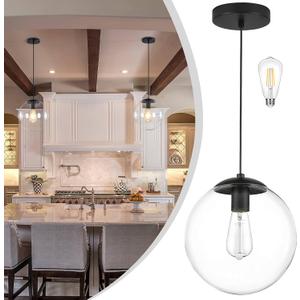 KoKo&Yukina 10" Globe Pendant Light Black Mid Century Pendant Light Mid Century Adjustable Hanging Light Fixture Matte Black Finished with Clear Glass Lampshade for Dining Room Bedroom Kitchen Island (10 inch - standard)
