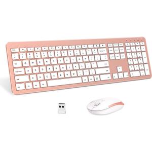 Wireless Keyboard and Mouse Combo - Full Size Slim Thin Wireless Keyboard Mouse with Numeric Keypad 2.4G Stable Connection Adjustable DPI - Rose Gold & White