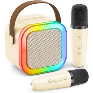Mini Karaoke Machine for Kids Adults, 2026 TOP Birthday Gifts for Girls Boys 3,4,5,6,7,8+Year Old Toddler Toys, Portable Bluetooth Speaker with 2 Wireless Karaoke Microphones Player (Light Beige)