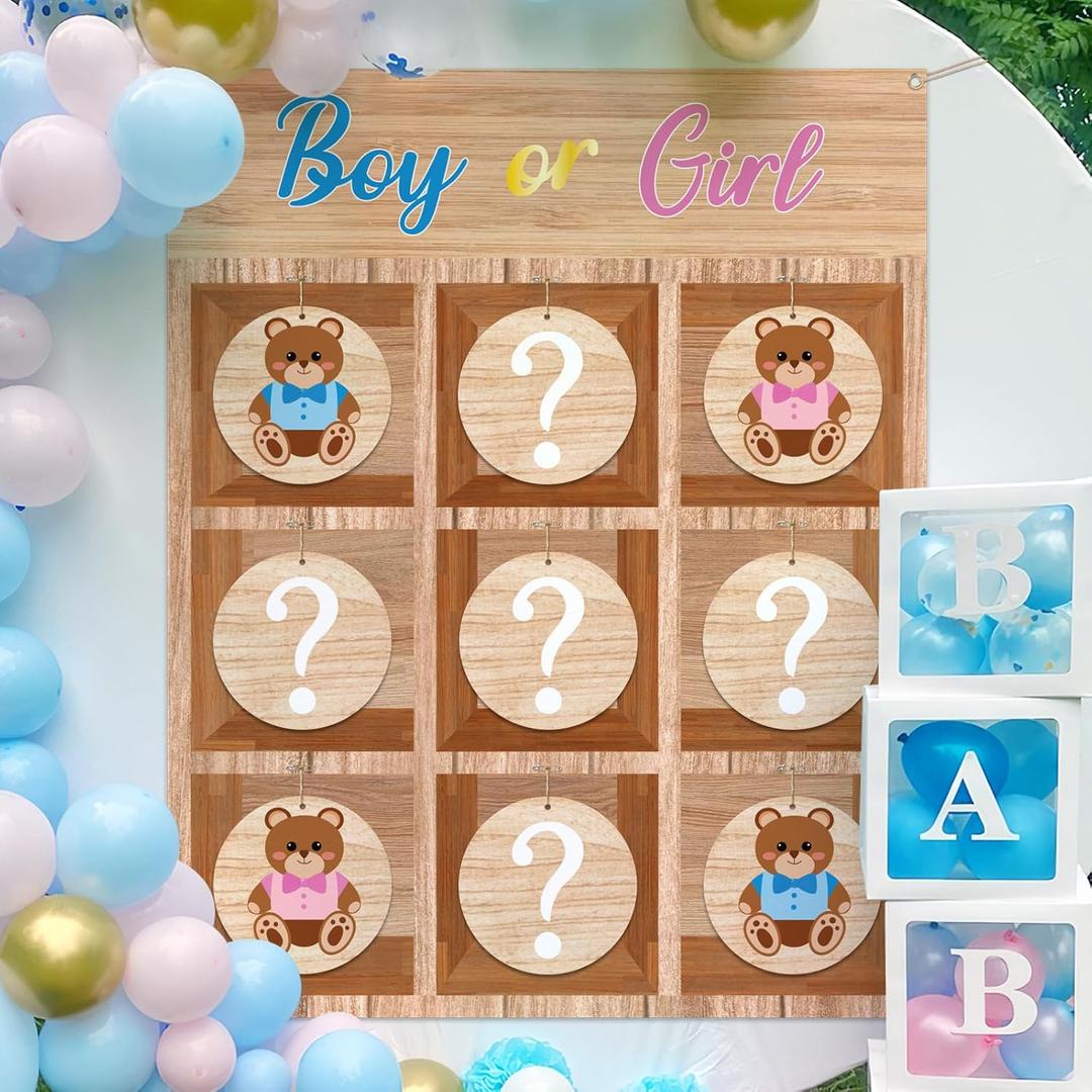 AerWo Gender Reveal Games Tic Tac Toe Board Game with 10 Boy or Girl Signs, Gender Reveal Ideas, Boy or Girl, He or She Sign Gender Reveal Party Supplies, Baby Shower Gender Reveal Decorations（Bear）