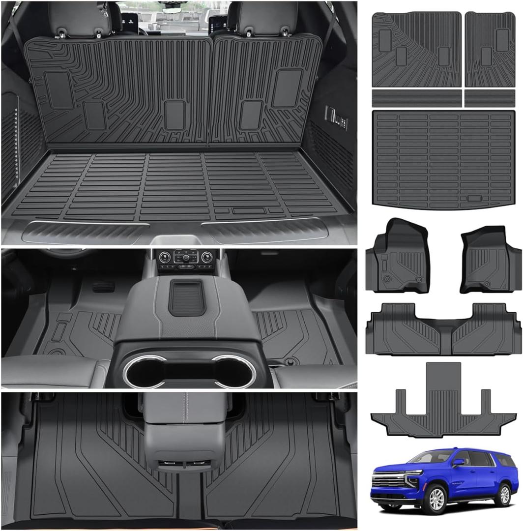 Powerty Floor Mats for 2021-2025 2026 Chevy Chevrolet Suburban/GMC Yukon XL 7 Seats, All Weather TPE Custom Cargo Liner Seat Back Covers Protectors Replacement for Chevy Chevrolet Suburban Accessories