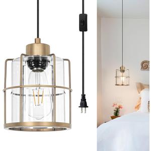 Modern Industrial Plug-in Hanging Pendant Light, Clear Glass Shade Hanging Lamp with Plug in Cord, Gold Cage Plug in Hanging Lights Fixtures for Kitchen Island, Living Dining Room, Bar, Hallway