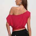 CSDAJIO Women's Summer Cap Sleeve Off The Shoulder Lace Top Asymmetrical Dolman Tee Boat Neck T Shirt (Red, M)
