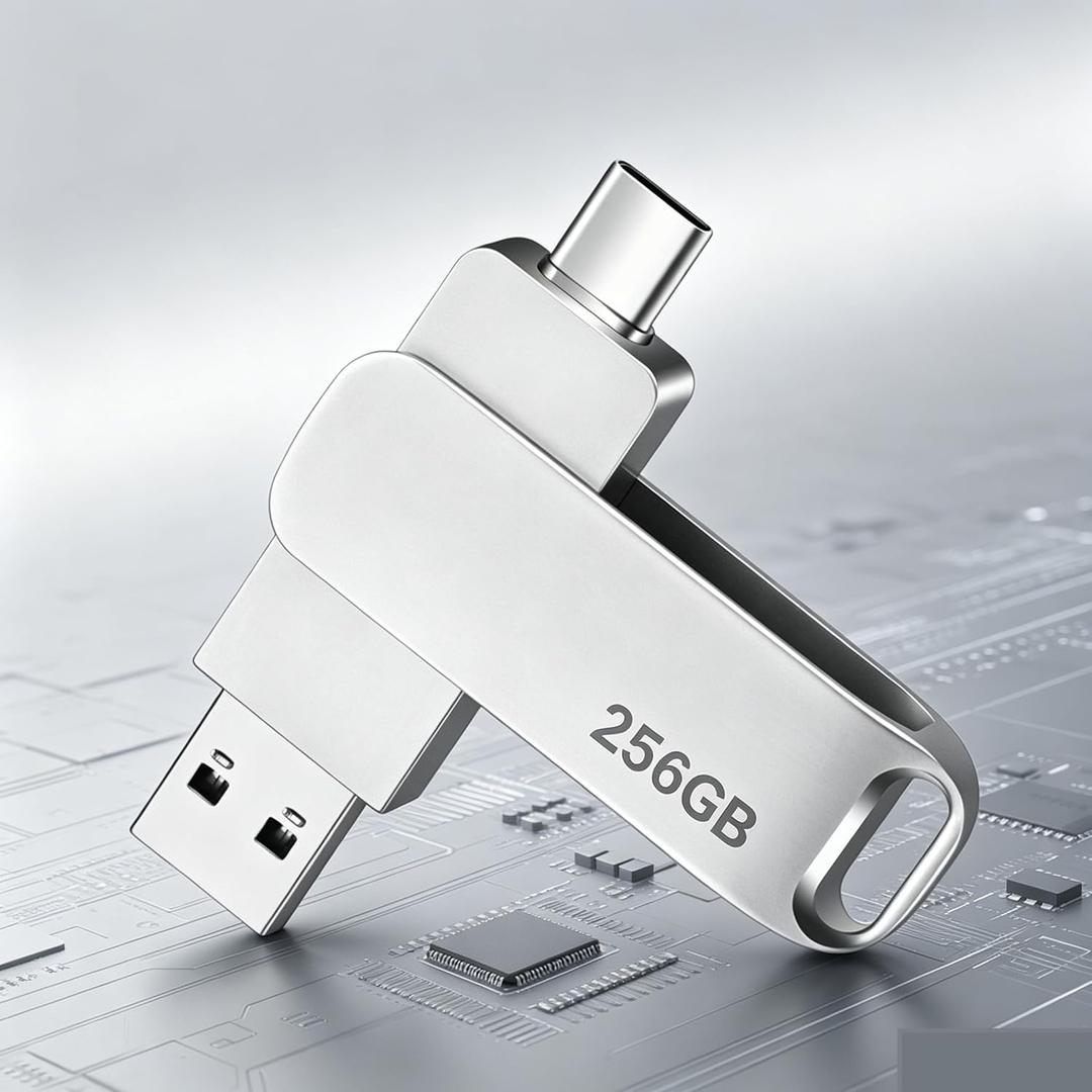 256GB Dual USB Type-C Flash Drive USB-C & USB-A 2-in-1 OTG Thumb Drive with Metal Housing, 360 Swivel Design, High-Speed Transfer for Smartphones, Tablets, Laptops, Macs