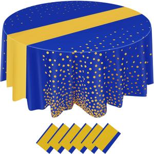 Newwiee 6 Pcs 84 Inch Polka Dot Round Disposable Tablecloths Plastic Table Cover Plastic Table Cloth with Runner Printed for 2025 Graduation Birthday Party Wedding Prom (Blue,Gold)