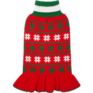 KYEESE Dog Christmas Sweater Knit Dog Sweater for Small Dogs with Snowflake Warm Dogs Clothes Pet Coats Turtleneck Pet Sweater Dress with Leash Hole, Girl Red, X-Large