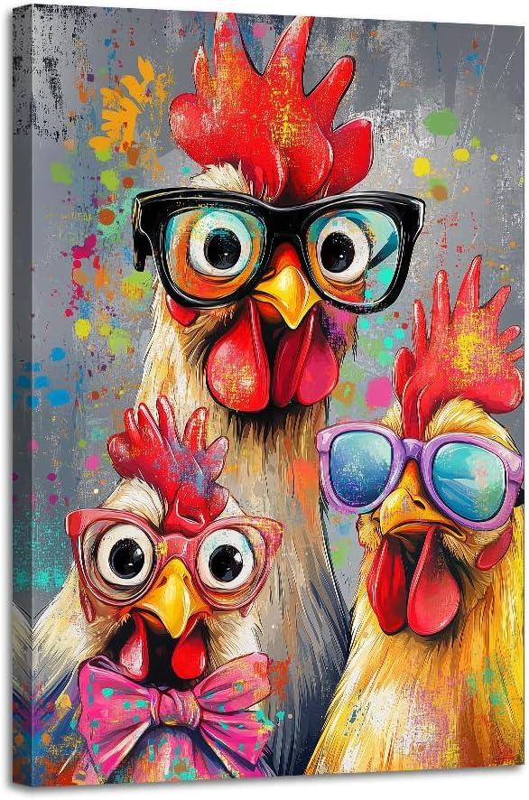 Rooster Kitchen Canvas Wall Art Funny Chicken Pictures Wall Decor Rustic Farmhouse Animal Paintings for Kitchen Farm Kids Room Decor Framed(Rooster-3,16.00" x 24.00")