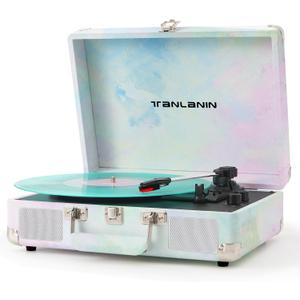Watercolor Vinyl Record Player with Treble & Bass Control, Vintage 3-Speed Bluetooth Suitcase Portable Turntables with Built-in Speakers, 33 45 78 RPM LP Player Support RCA/AUX/Headphone Jack, Green