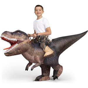 Spooktacular Creations Halloween Inflatable Dinosaur Costume Kids, T-Rex Air Blow Up Costumes, Digital Printing Ride-On Dinosaur for Halloween Parties, (Brown M)