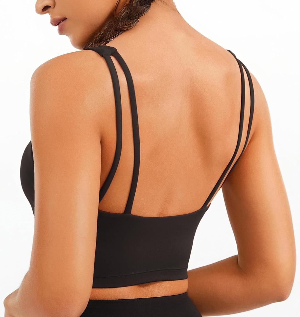 JOYSPELS Smooth Feeling Square Neck Longline Sports Bra Open Back Strappy Workout Crop Tank Tops for Women Yoga Athletic (Small, Black)