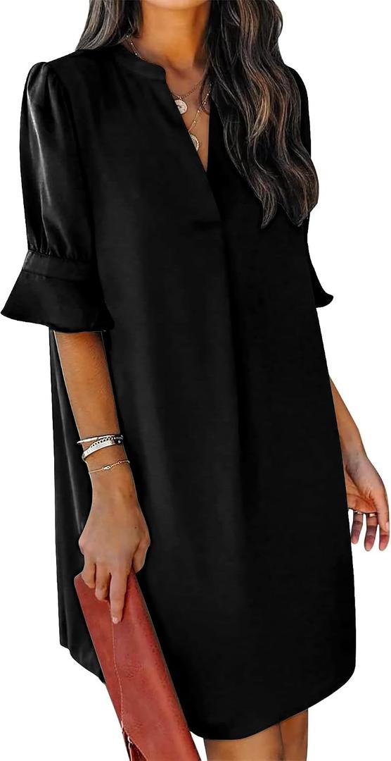 KISSMODA Summer Dresses for Women 2026 V Neck Ruffle Short Sleeve Casual Boho Shift Dress (Black, M)