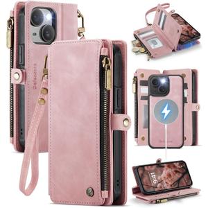 Defencase for iPhone 15 Plus Magnetic Wallet Case Compatible with Magsafe with RFID Blocking Zipper Strap Card Holder for Women Men, PU Leather Detachable Case for iPhone 15 Plus (6.7 inch), Rose Pink