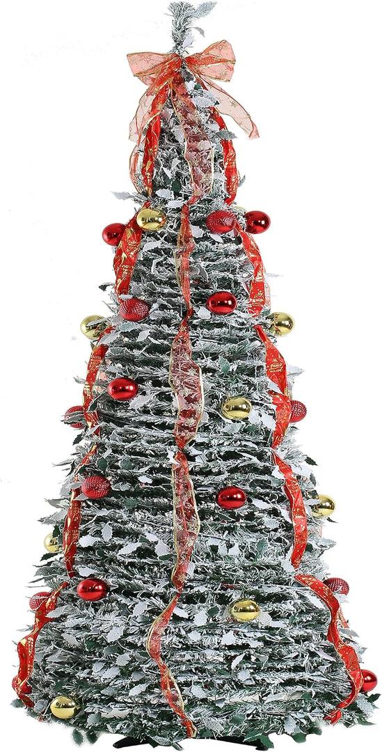 HOME ARCHIVE 6ft Premium Artificial Pre-Decorated Lighted Popup Christmas Tree with Hanging Balls for Xmas Decoration Ready Christmas Tree (Gold and Red)