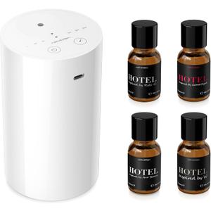 Airversa Waterless Essential Oil Diffuser Starter Kit with 4 x 10mL Hotel Scent Fragrance Oil, Battery Operated Mini Scent Air Machine Portable Diffuser for Home Car Office, AN8 Kit White