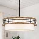22" Large Drum Chandelier, Black and Wood Texture Pendant Light, 5-Light Farmhouse Kitchen Chandelier for Dining Room Foyer Entryway Bedroom