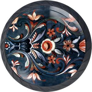 4 Pack Norwegian Rosemaling Folk Style Kitchen Cabinet Knobs Round Drawer Pulls Black Dresser Cupboard Door Handles (1.37"L x 1.1"W)