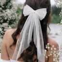 SWEETV Bridal Hair Bow Veil White Bow Clip Bachelorette Party Decorations Pearl Accessories Bride to Be Bridal Shower Gift