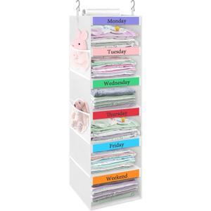 punemi Weekly Clothes Organizer for Kids, 6-Shelf Hanging Closet Storage with Side Pockets, Days of The Week Design, 11.8" x 11.8" x 37.8", Perfect for Organizing a Week's Worth of Kids' Clothing