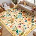 Floral 8x10 Area Rug Machine Washable Soft Print Boho Carpet Non Slip Doormat Low Pile Flower Area Rugs for Living Room Bedroom Nursery Kitchen Dining Room Indoor-Ivory/Yellow