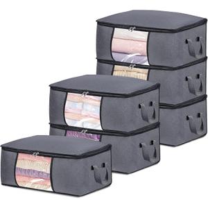6 Pack Clothes Storage Bags with Zipper, Foldable Blanket Storage Box with Clear Window Reinforced Handles for Closet, Dorm, Pillows, Bedding, Sheet, Comforter, 45L Gray