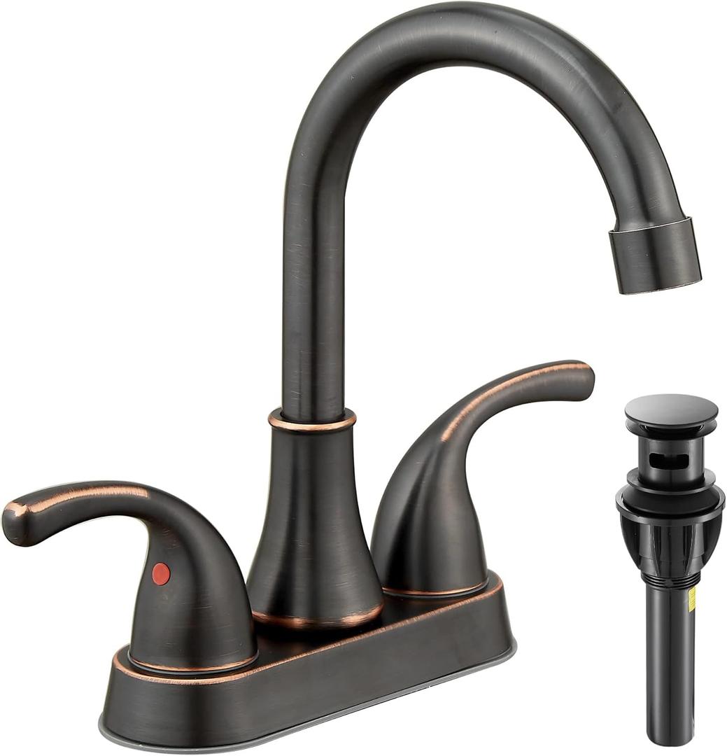 Bathroom Sink Faucet FRANSITON 4 Inch Faucet 2 Handle Bathroom Sinks Faucets Lead-Free Oil Rubbed Bronze Bath Sinks Faucets with Pop-up Drain Stopper and Supply Hoses