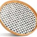 16 inch Round Rattan Tray with Mother of Pearl Inlay Wicker Serving Tray with Wooden Base Boho Decorative Wicker Basket for Table Decor Bathroom Candle Perfume(Black Checkerboard)