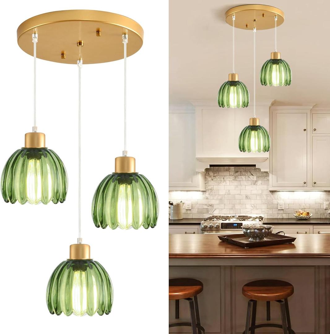 3-Light Pendant Lights Kitchen Island,Gold Industrial Pendant Light Fixtures,Mid Century Modern Chandelier with Green Glass Shade,Adjustable Ceiling Hanging Lamp For Bedroom Hallway Living Room