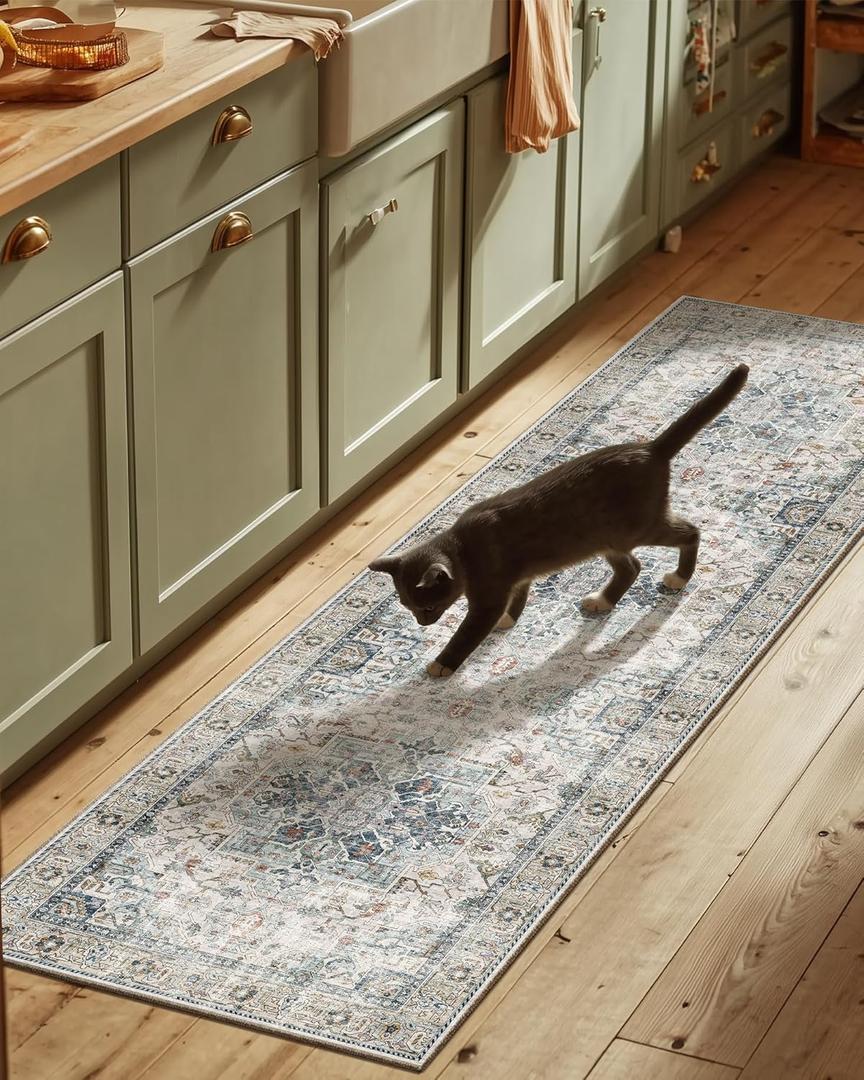 Machine Washable Kitchen Runner Rugs: 2'6"x8' Hallway Runner Rug Non Slip Low Pile Stain Resistant Soft Carpet Runners for Hallways Indoor Entryway Kitchen Laundry Room Beside Farmhouse (Brown And Green)