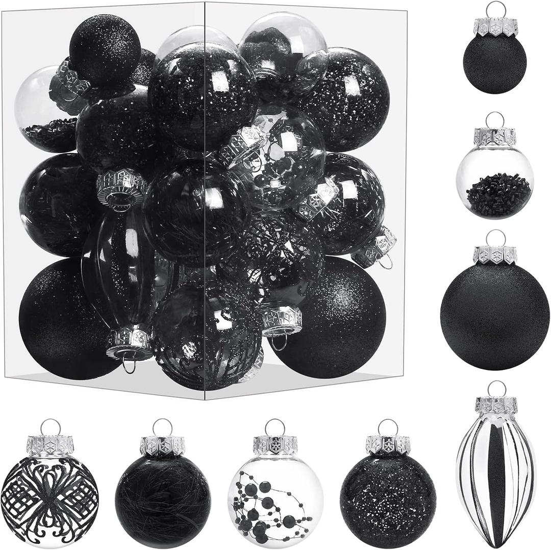 Christmas Ornaments Set, 32Pcs Clear Plastic Shatterproof Christmas Ball Hanging Ornaments for Xmas Tree Decorations, for Indoor Home Thanksgiving Party Holiday Decor - Black.