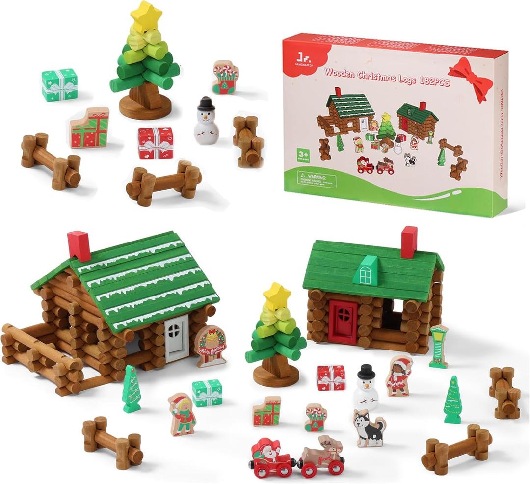 SainSmart Jr. Wooden Logs Set 182 Pcs Building House Toy for Toddlers with Christmas Tree Logs, Classical STEM Construction Kit Compatible with Lincoln Logs for 3+ Kids